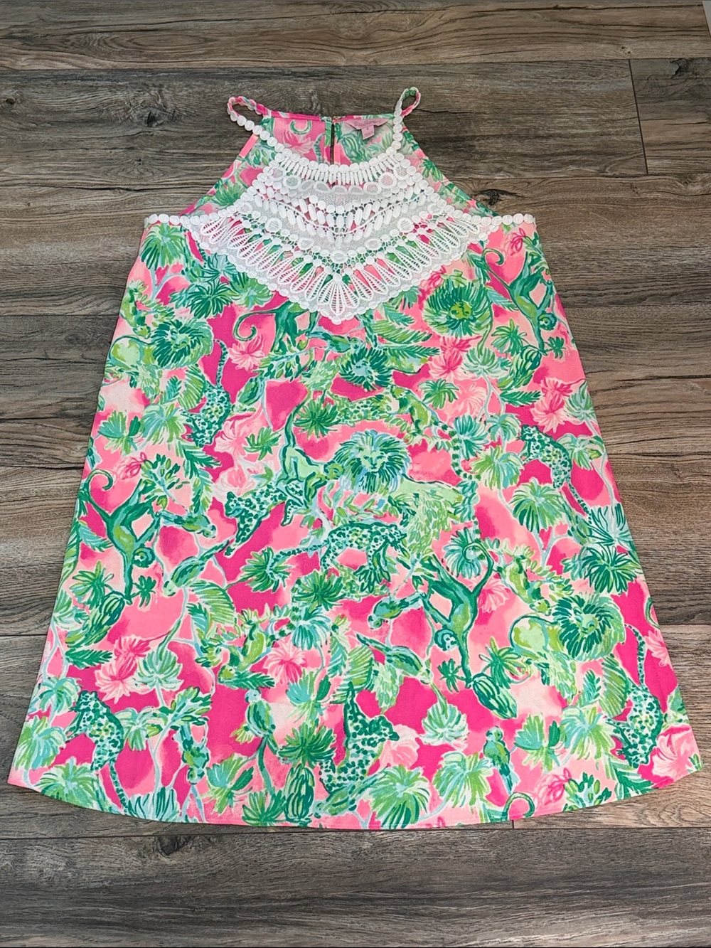 Lilly Pulitzer Pink & Green Tropical Crochet Halter Midi Dress